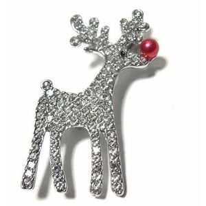 Rhinestone Silver Reindeer Red Nose Christmas Brooch‎ New